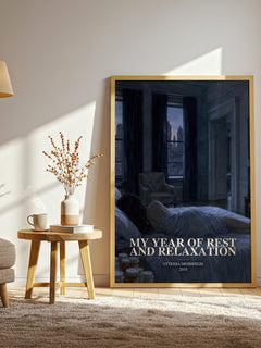 My Year of Rest and Relaxation watercolour print in frame leaning in hallway – contemporary fiction wall art