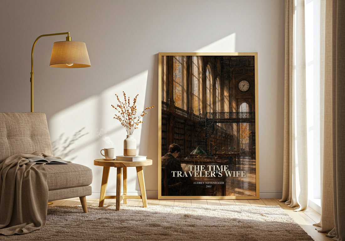 The Time Traveler's Wife watercolour print in frame leaning in hallway – contemporary fiction wall art