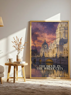 The Devil In The White City watercolour print in frame leaning in hallway – non fiction wall art