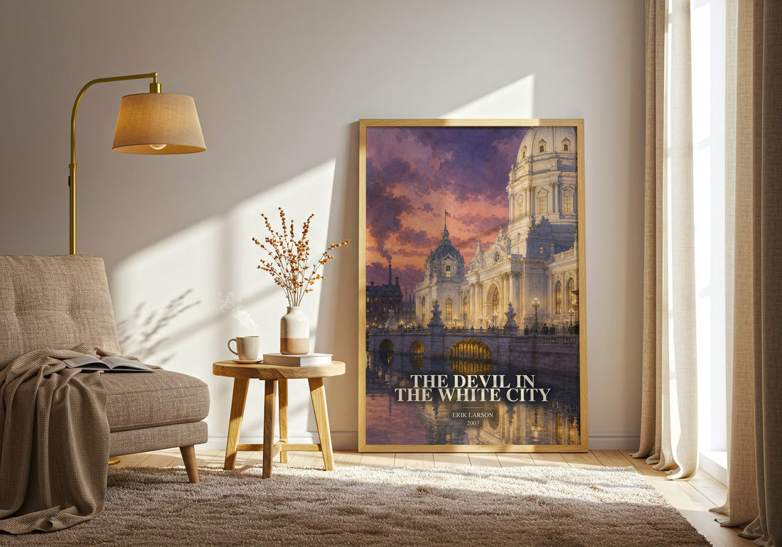 The Devil In The White City watercolour print in frame leaning in hallway – non fiction wall art