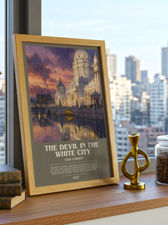 The Devil In The White City Bookish Wall Art by Erik Larson – framed print on a city-view windowsill