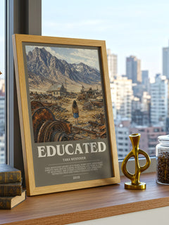 Educated Bookish Wall Art by Tara Westover – framed print on a city-view windowsill