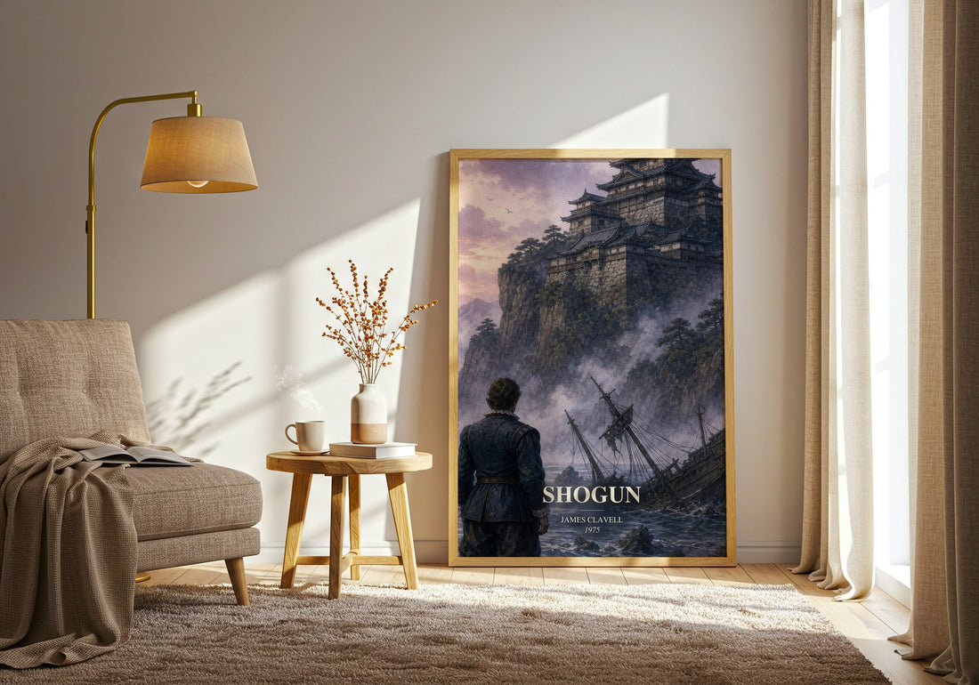Shogun watercolour print in frame leaning in hallway – historical fiction wall art