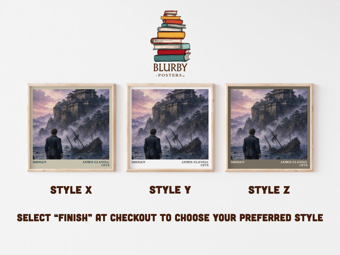 Shogun literary print in frame leaning in hallway – historical fiction wall art (mockup)