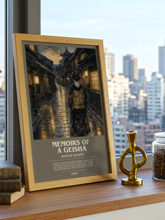 Memoirs of a Geisha Bookish Wall Art by Arthur Golden – framed print on a city-view windowsill
