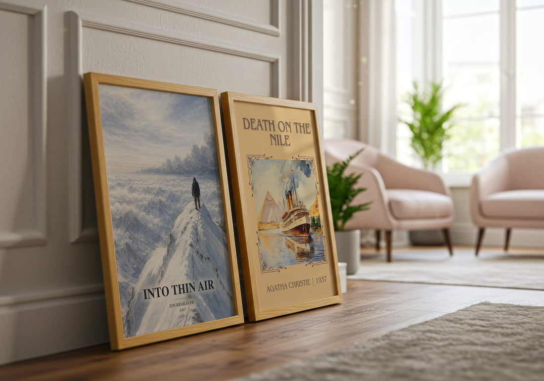 Into Thin Air watercolour print framed by window – literary home decor