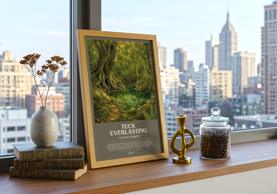 Tuck Everlasting Bookish Wall Art by Natalie Babbitt – framed print on a city-view windowsill
