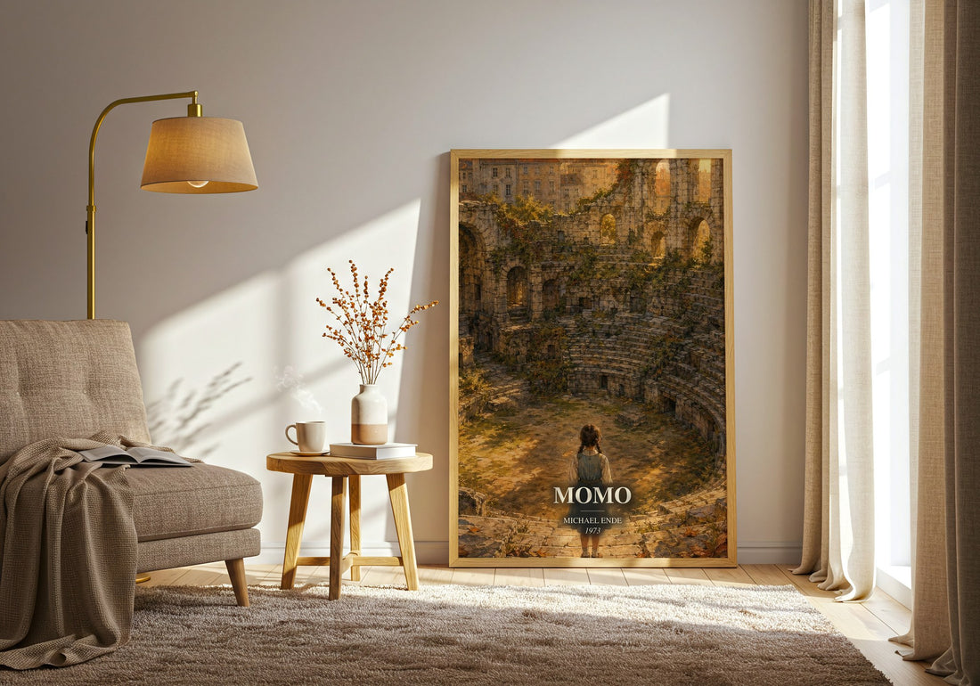 Momo watercolour print in frame leaning in hallway – fantasy wall art