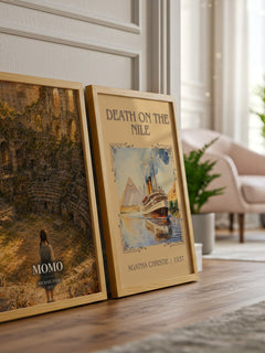 Momo watercolour print framed by window – literary home decor