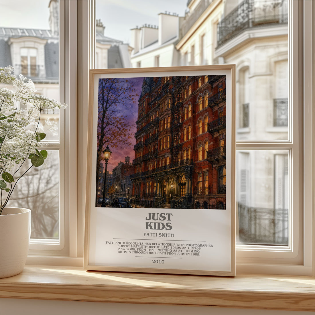Just Kids Bookish Wall Art by Patti Smith – framed print by a bright window
