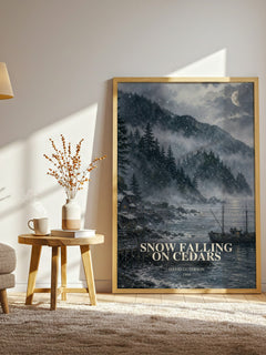 Snow Falling on Cedars watercolour print in frame leaning in hallway – literary fiction wall art