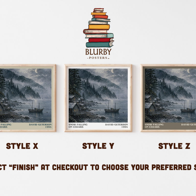 Snow Falling on Cedars literary print in frame leaning in hallway – literary fiction wall art