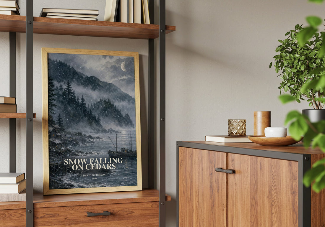Snow Falling on Cedars book watercolour illustration paper finish options – matte satin gloss