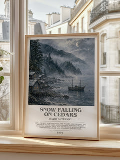 Snow Falling on Cedars Bookish Wall Art by David Guterson – framed print by a bright window