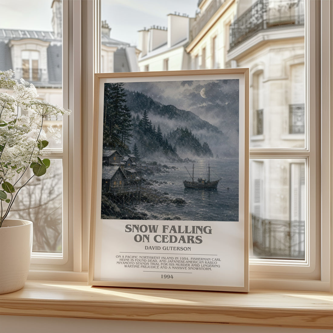 Snow Falling on Cedars Bookish Wall Art by David Guterson – framed print by a bright window
