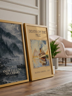 Snow Falling on Cedars watercolour print framed by window – literary home decor