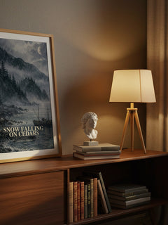 Snow Falling on Cedars watercolour print on bookshelf – David Guterson fan gift