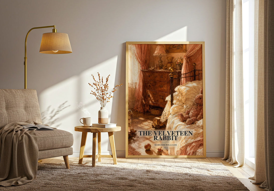 The Velveteen Rabbit watercolour print in frame leaning in hallway – childrens wall art
