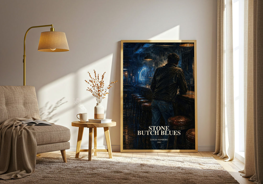 Stone Butch Blues watercolour print in frame leaning in hallway – contemporary fiction wall art