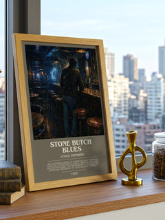 Stone Butch Blues Bookish Wall Art by Leslie Feinberg – framed print on a city-view windowsill