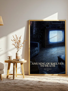 Amusing Ourselves To Death watercolour print in frame leaning in hallway – __new__:educational wall art