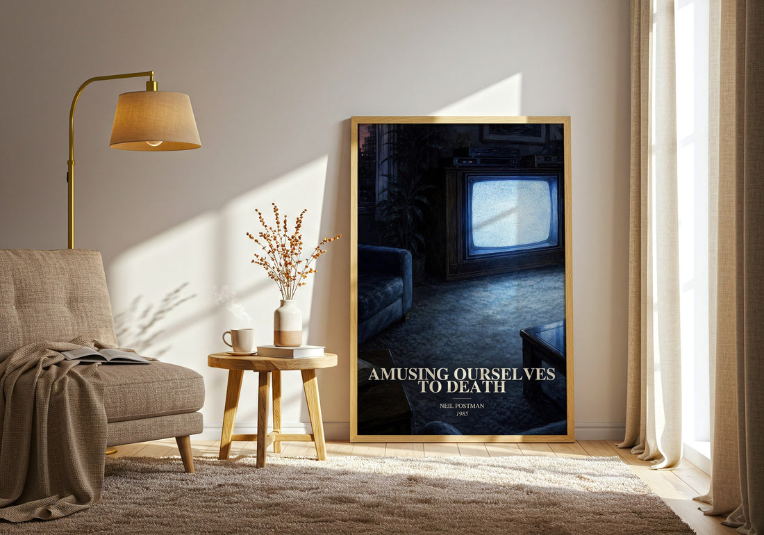 Amusing Ourselves To Death watercolour print in frame leaning in hallway – __new__:educational wall art