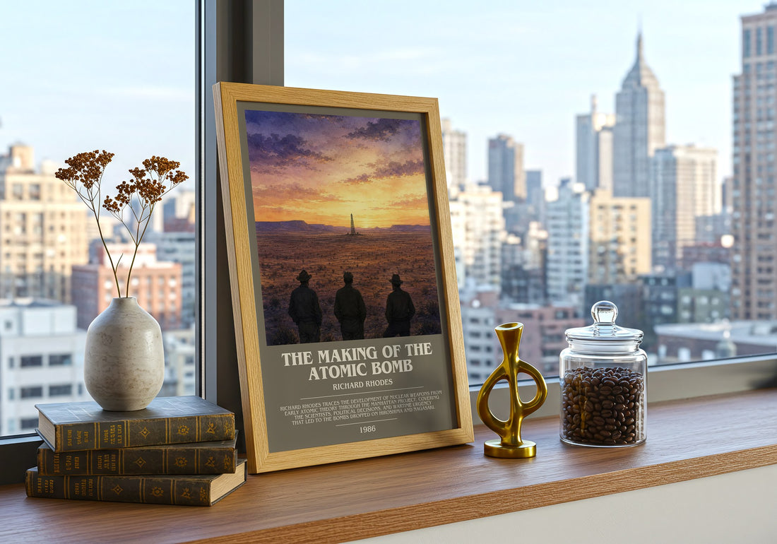 The Making of the Atomic Bomb Bookish Wall Art by Richard Rhodes – framed print on a city-view windowsill