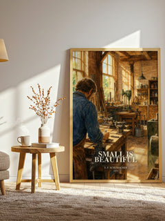 Small Is Beautiful watercolour print in frame leaning in hallway – non fiction wall art