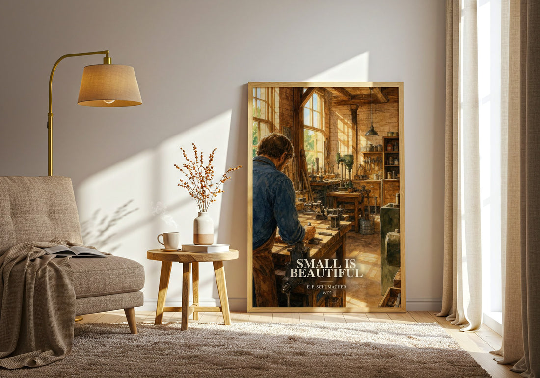 Small Is Beautiful watercolour print in frame leaning in hallway – non fiction wall art