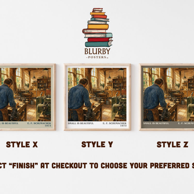 Small Is Beautiful literary print in frame leaning in hallway – non fiction wall art