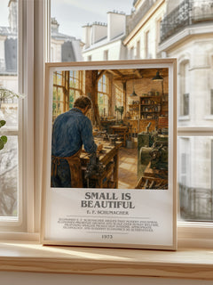 Small Is Beautiful Bookish Wall Art by E. F. Schumacher – framed print by a bright window