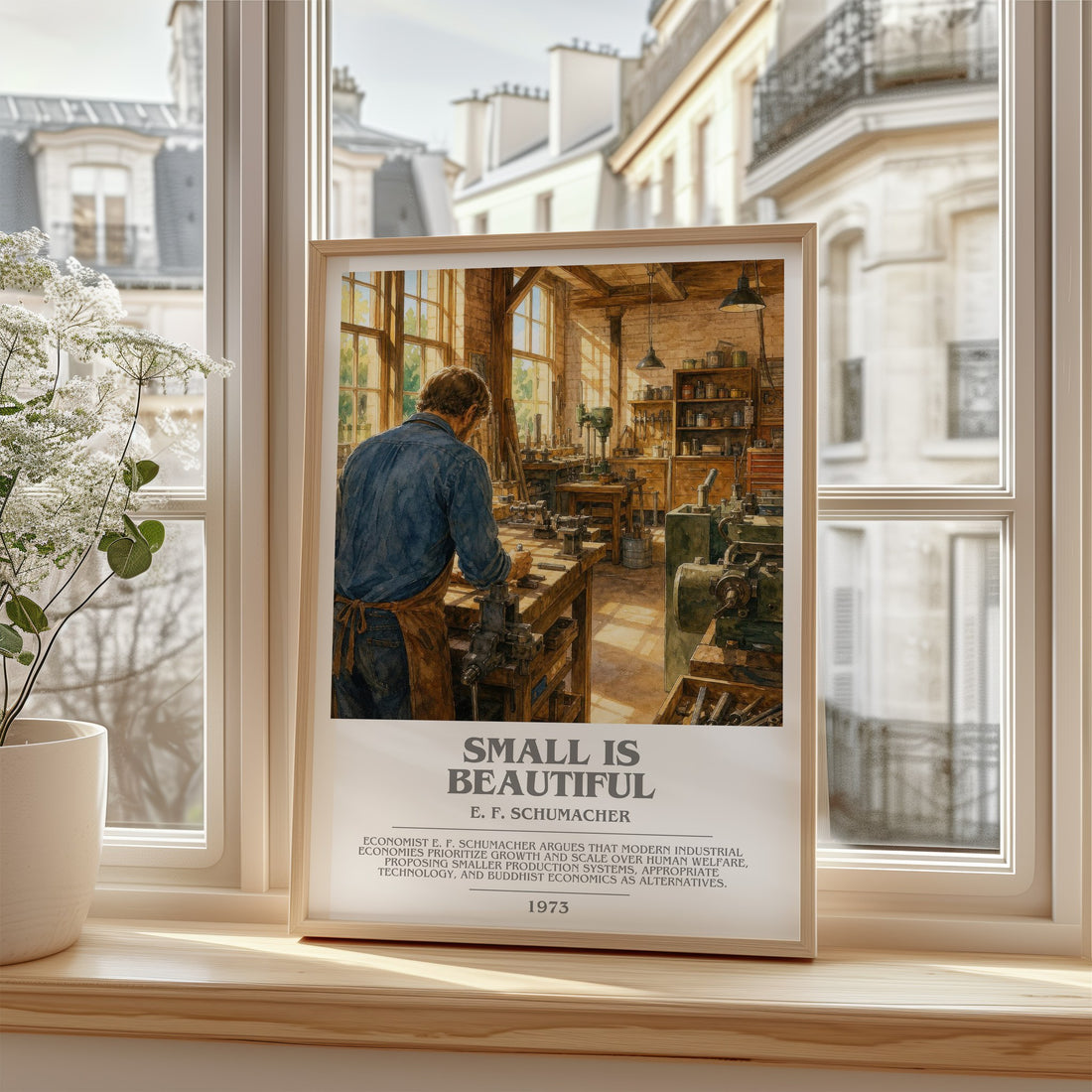 Small Is Beautiful Bookish Wall Art by E. F. Schumacher – framed print by a bright window
