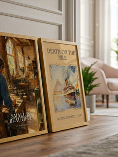 Small Is Beautiful watercolour print framed by window – literary home decor