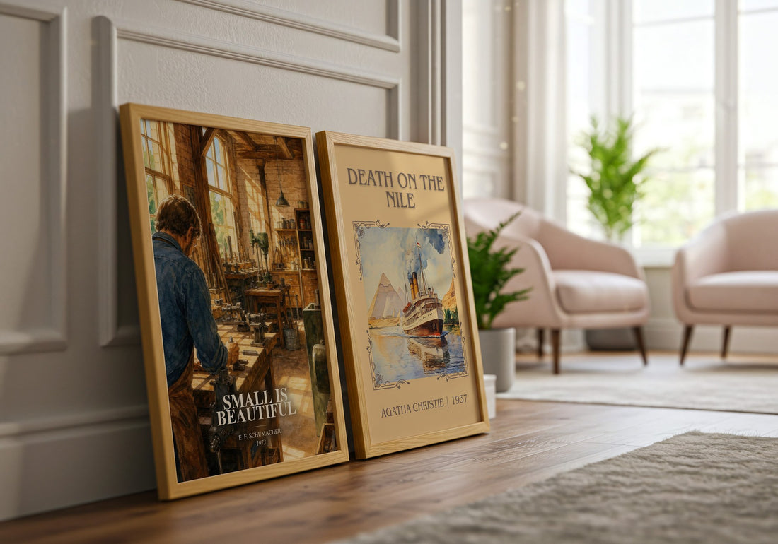 Small Is Beautiful watercolour print framed by window – literary home decor