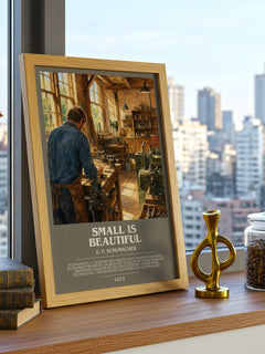 Small Is Beautiful Bookish Wall Art by E. F. Schumacher – framed print on a city-view windowsill