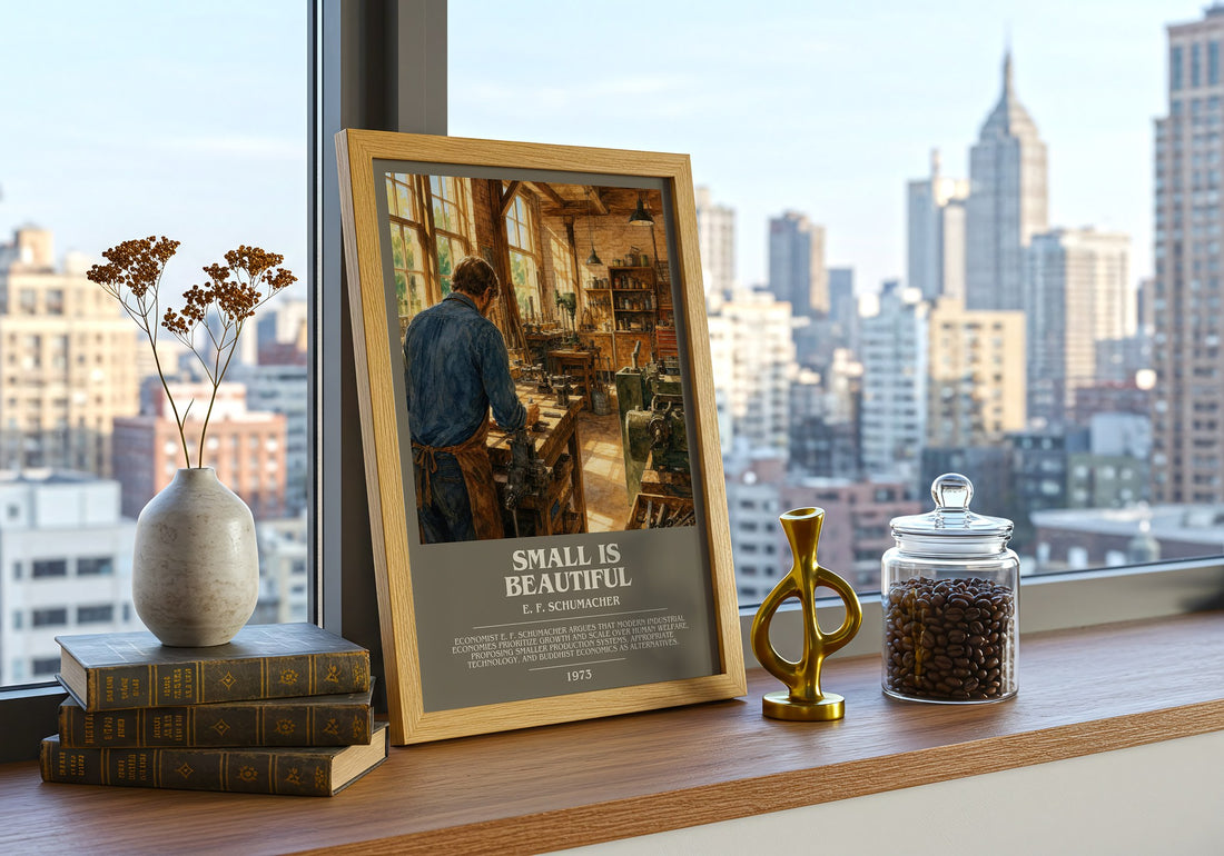 Small Is Beautiful Bookish Wall Art by E. F. Schumacher – framed print on a city-view windowsill