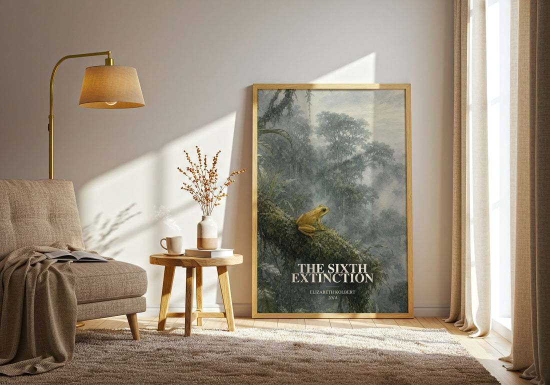The Sixth Extinction watercolour print in frame leaning in hallway – non fiction wall art