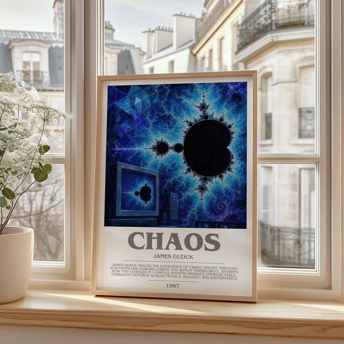 Chaos Bookish Wall Art by James Gleick – framed print by a bright window