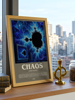 Chaos Bookish Wall Art by James Gleick – framed print on a city-view windowsill