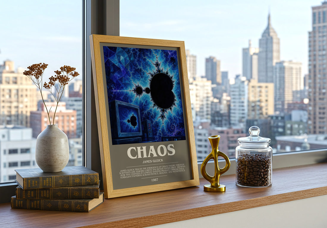 Chaos Bookish Wall Art by James Gleick – framed print on a city-view windowsill