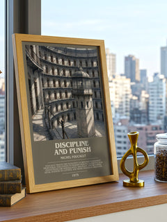 Discipline and Punish Bookish Wall Art by Michel Foucault – framed print on a city-view windowsill