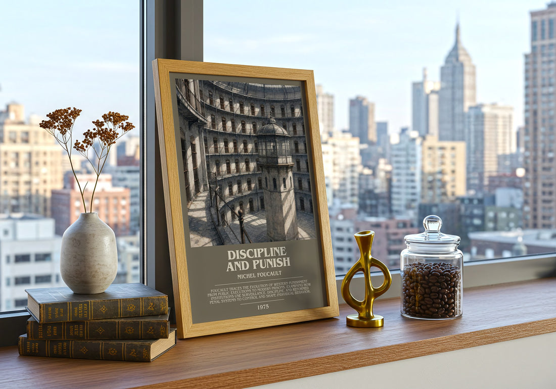 Discipline and Punish Bookish Wall Art by Michel Foucault – framed print on a city-view windowsill