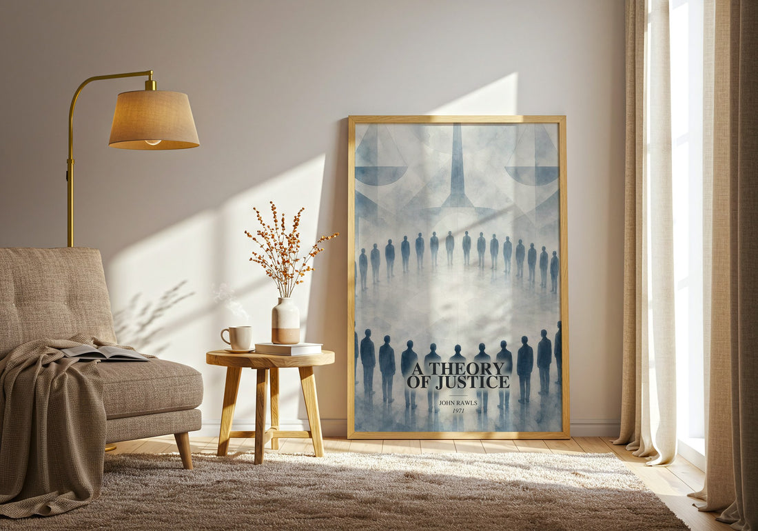 A Theory of Justice watercolour print in frame leaning in hallway – philosophy wall art