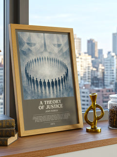 A Theory of Justice Bookish Wall Art by John Rawls – framed print on a city-view windowsill