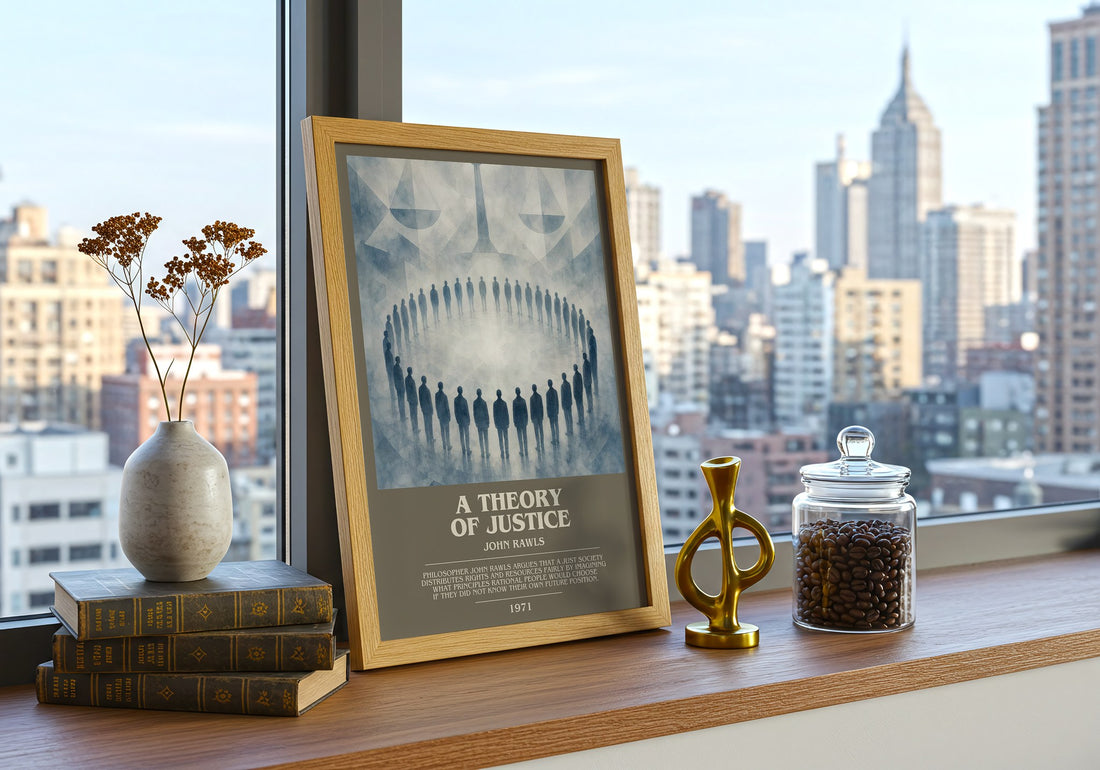 A Theory of Justice Bookish Wall Art by John Rawls – framed print on a city-view windowsill