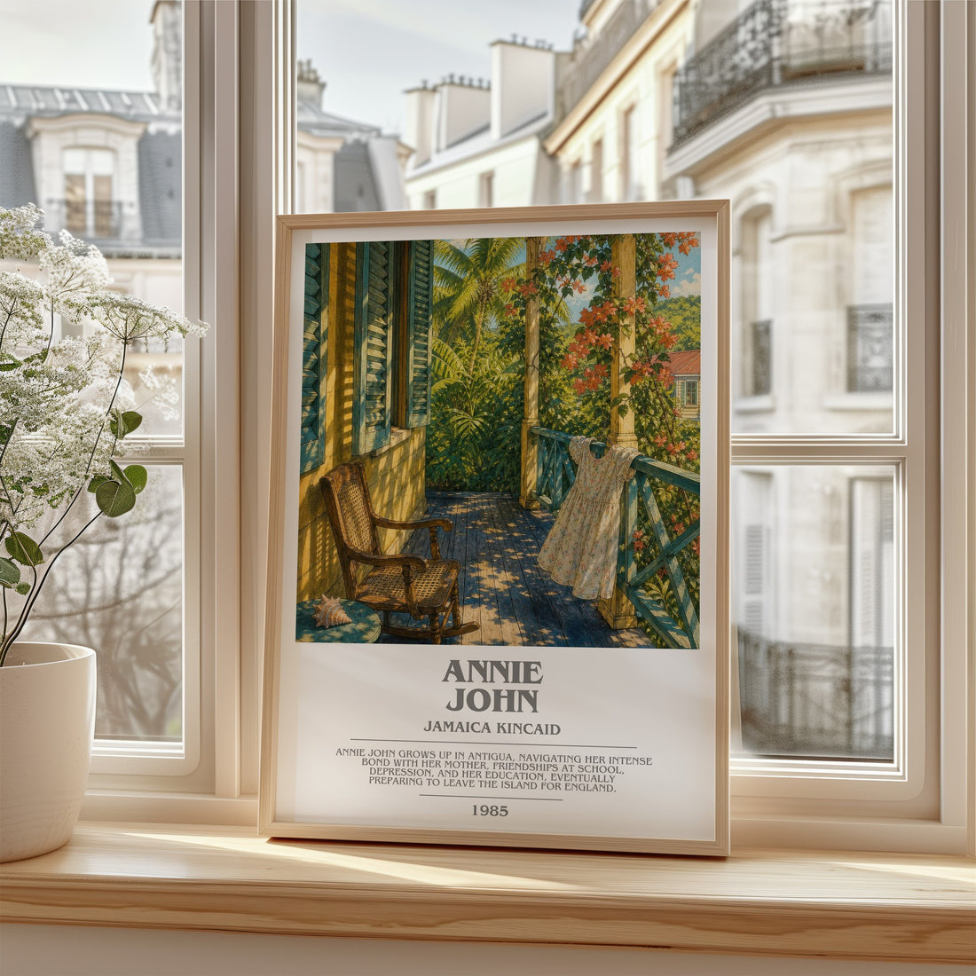 Annie John Bookish Wall Art by Jamaica Kincaid – framed print by a bright window