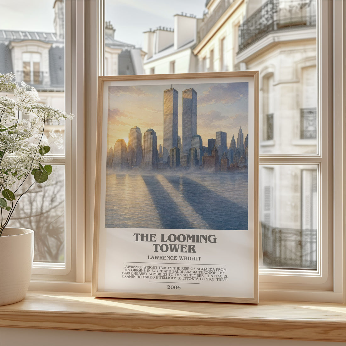 The Looming Tower Bookish Wall Art by Lawrence Wright – framed print by a bright window