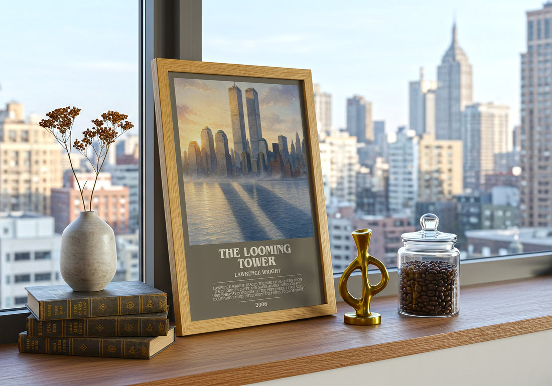 The Looming Tower Bookish Wall Art by Lawrence Wright – framed print on a city-view windowsill