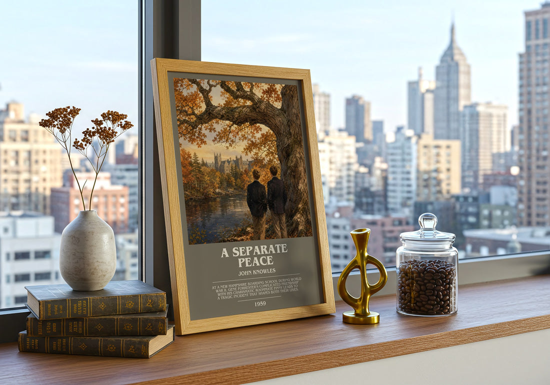 A Separate Peace Bookish Wall Art by John Knowles – framed print on a city-view windowsill