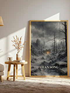 Swan Song watercolour print in frame leaning in hallway – horror wall art